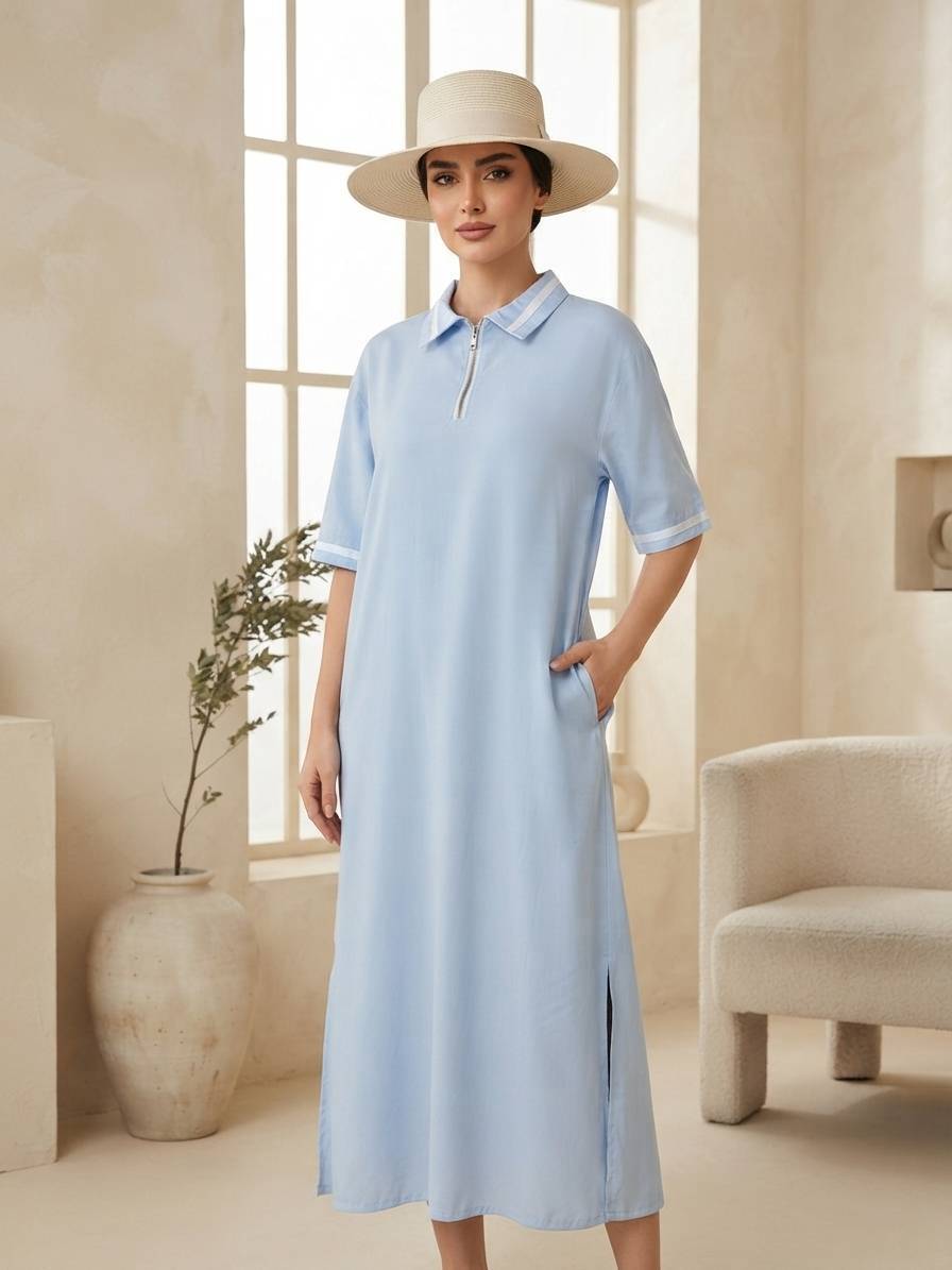 استایل پوشیده شده پیراهن سیلک نیم زیپ زنانه سولیانو کد 200092 ابی