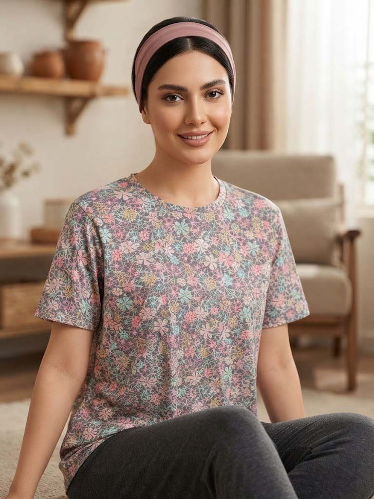  نمای جلو تیشرت یقه گرد زنانه سولیانو با طرح قاصدک و فرم آزاد کد 200156 