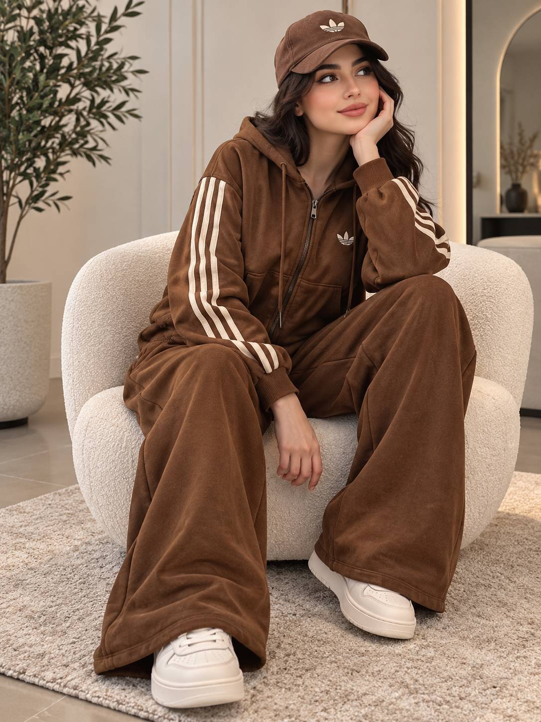 استایل پوشیدهشده ست سویشرت شلوار سوئیت زنانه سولیانو با فرم آزاد و استایل روزمره شتری