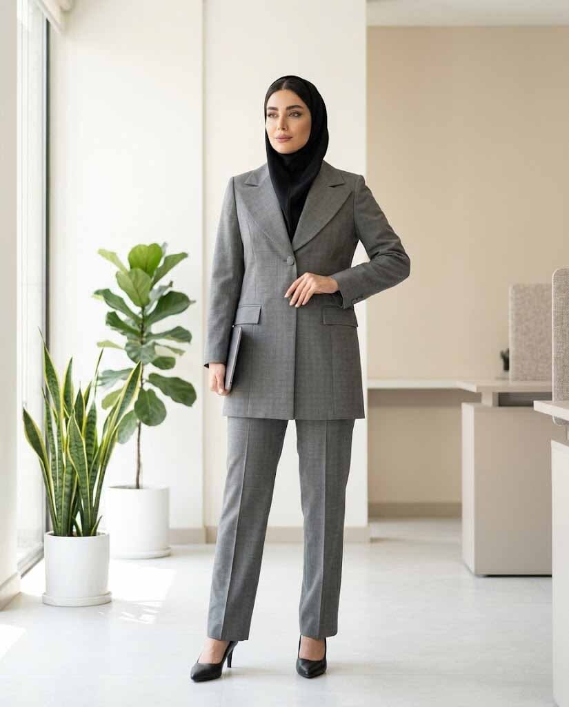  استایل پوشیده شده کت و شلوار زنانه سولیانو مدل کوشان برای استفاده اداری طوسی 