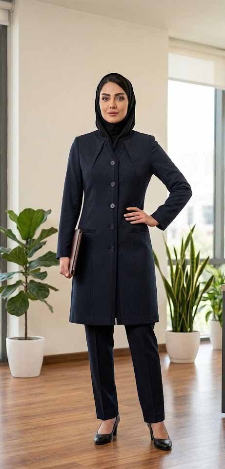  مانتو و شلوار اداری دیپلمات دو یقه سولیانو سرمه ای نمای جلو سورمه ای 