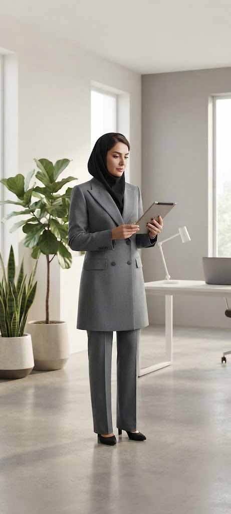  نمای استایل پوشیده‌شده ست مانتو شلوار اداری زنانه سولیانو مدل فیونا 