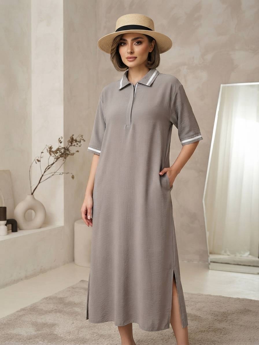 استایل پوشیده شده پیراهن سیلک نیم زیپ زنانه سولیانو کد 200092 کرم