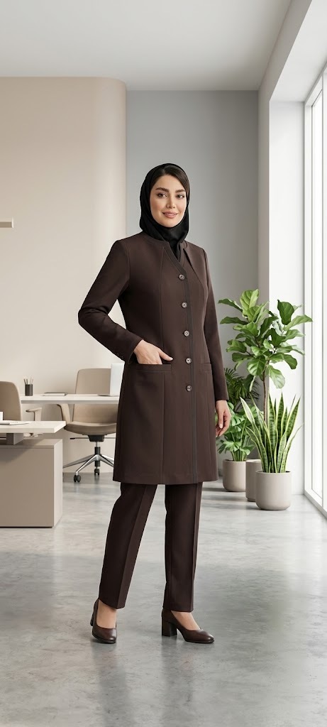 استایل پوشیده شده مانتو شلوار رسمی زنانه سولیانو مدل فیونا دو یقه شکلاتی