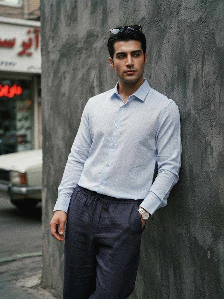  تصویر استایل پوشیده شده پیراهن مودال راه راه سولیانو با تیپ روزمره مردانه ابی 