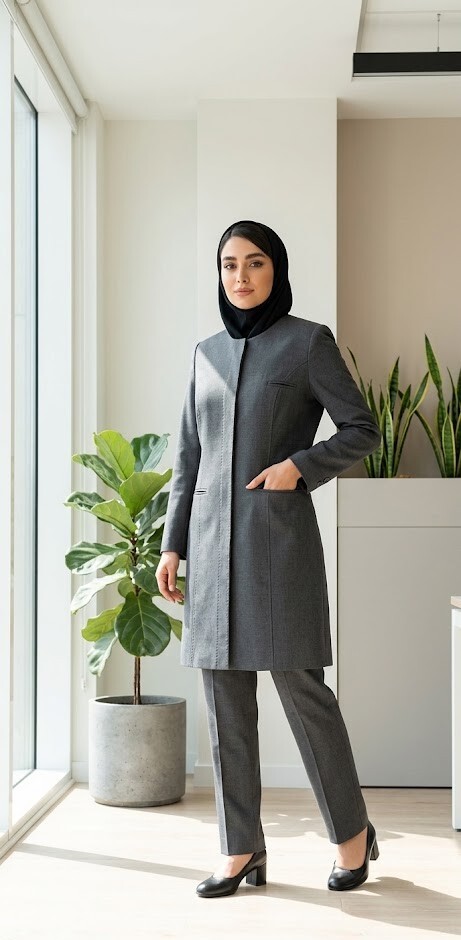  استایل پوشیده شده مانتو و شلوار اداری زنانه کوشان با طرح چهارخانه طوسی 