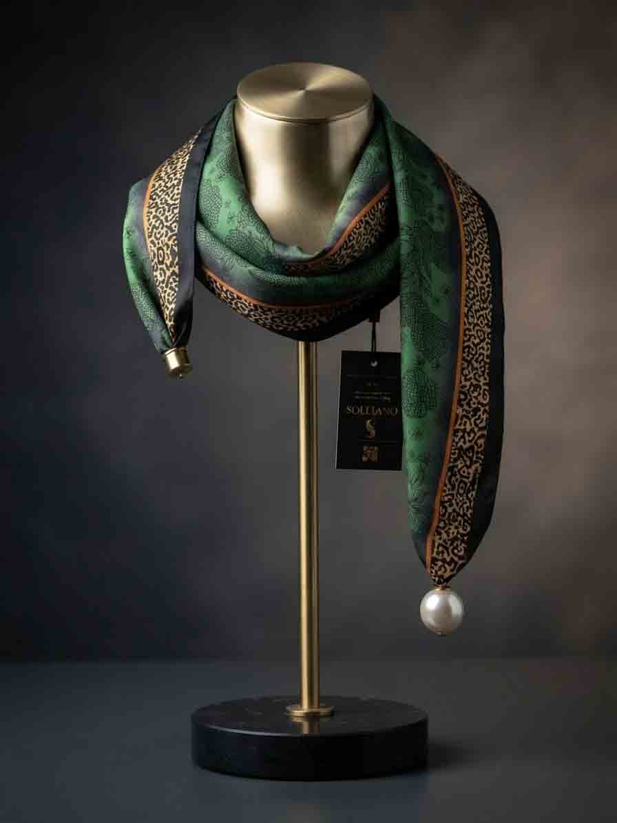  نمای جلوی دستمال گردن مغناطیسی زنانه سولیانو با پارچه ساتن طراح گل و پلنگی 