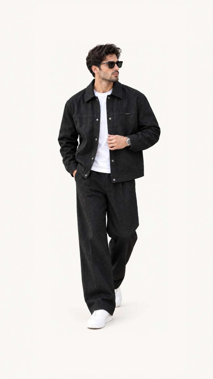 شکت مردانه سولیانو مدل سوئیت داخل خز مشکی، نمای جلو با یقه برگردان و بسته شدن دکمه‌ای، کد 1000143