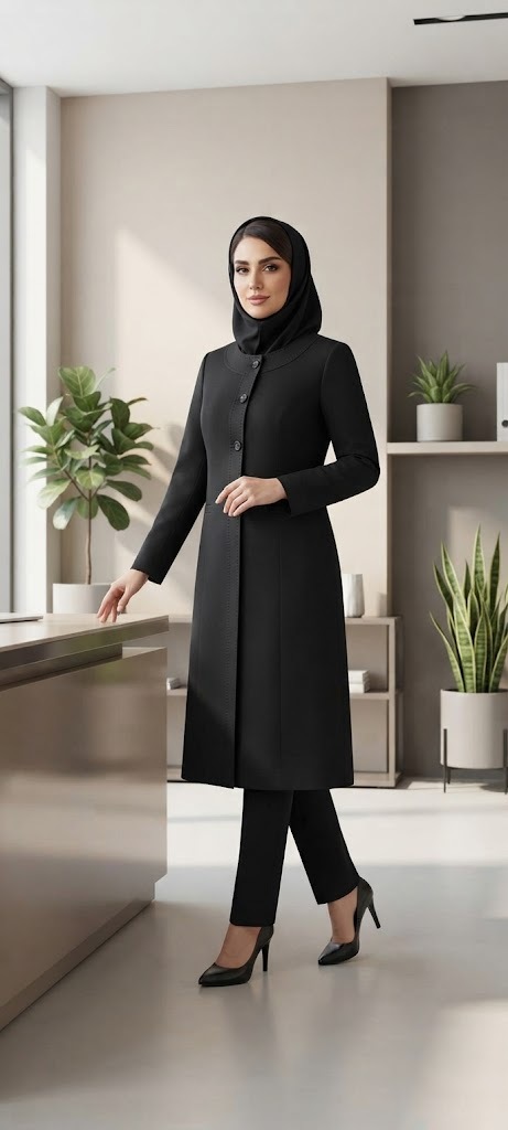  استایل پوشیده شده مانتو شلوار اداری زنانه کوشان مدل یقه گرد سه دکمه بانتو دوزی 