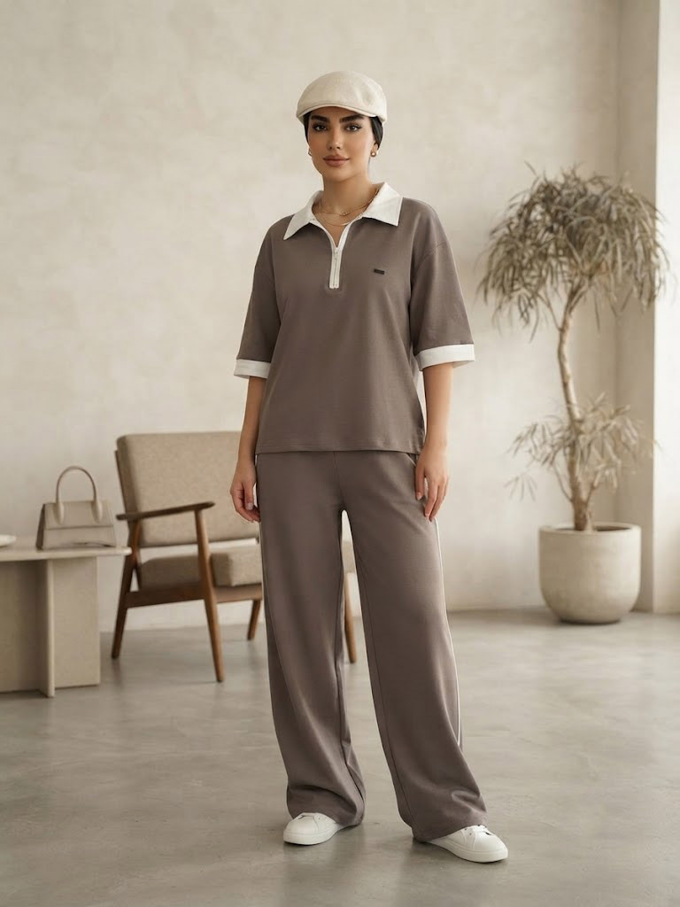 تصویر استایل پوشیده شده ست نیم زیپ زنانه سولیانو مناسب استفاده روزمره قهوه ای